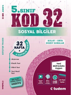 TUDEM YAYINLARI 5.SINIF SOSYAL BİLGİLER KOD 32 HAFTA TEKRAR TEST KİTABI
