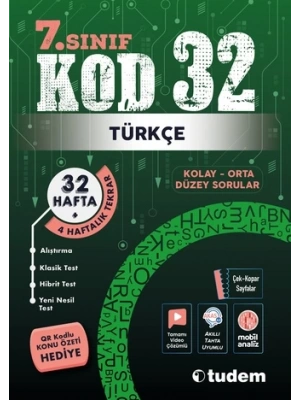 TUDEM YAYINLARI 7.SINIF TÜRKÇE KOD 32 HAFTA TEKRAR TEST KİTABI
