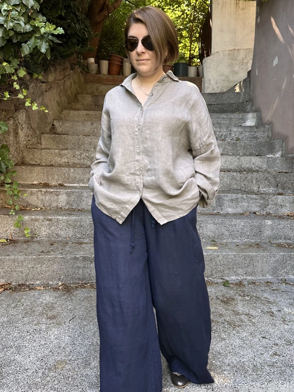 %100 Keten Bol Kesim İndigo Pantolon