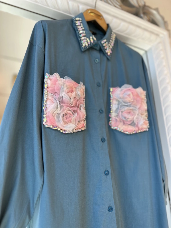 INVEE 7004 İşlemeli Petrol Gömlek