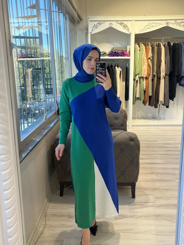 İNVEE 6989 Geometrik Sax Triko Elbise