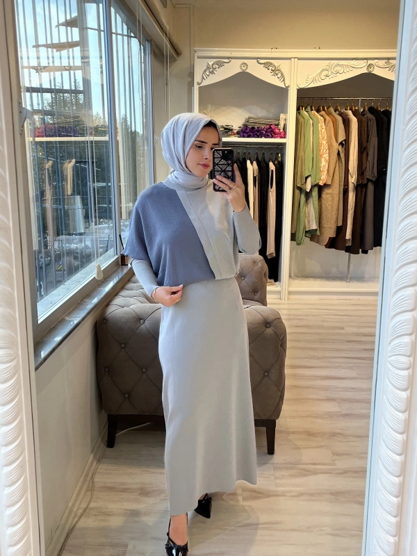 İNVEE 7015 Kloş Gri Triko Etek