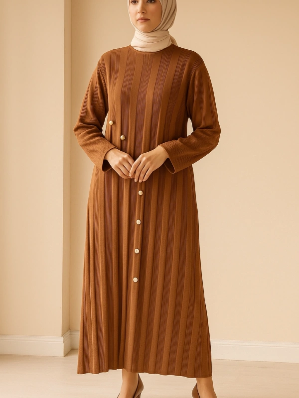 İNVEE 7038 Düğme Detaylı Triko Elbise - Kahverengi