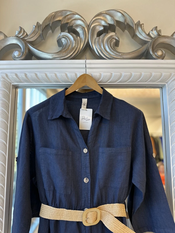 PURO LINO %100 Keten Uzun Gömlek - Lacivert