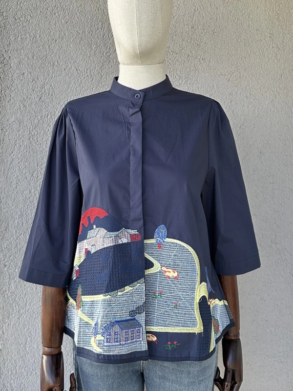 Nakış Detaylı Viskon Gömlek - Lacivert