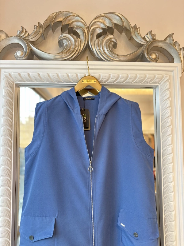 İNVEE Kapüşonlu Uzun Yelek - İndigo