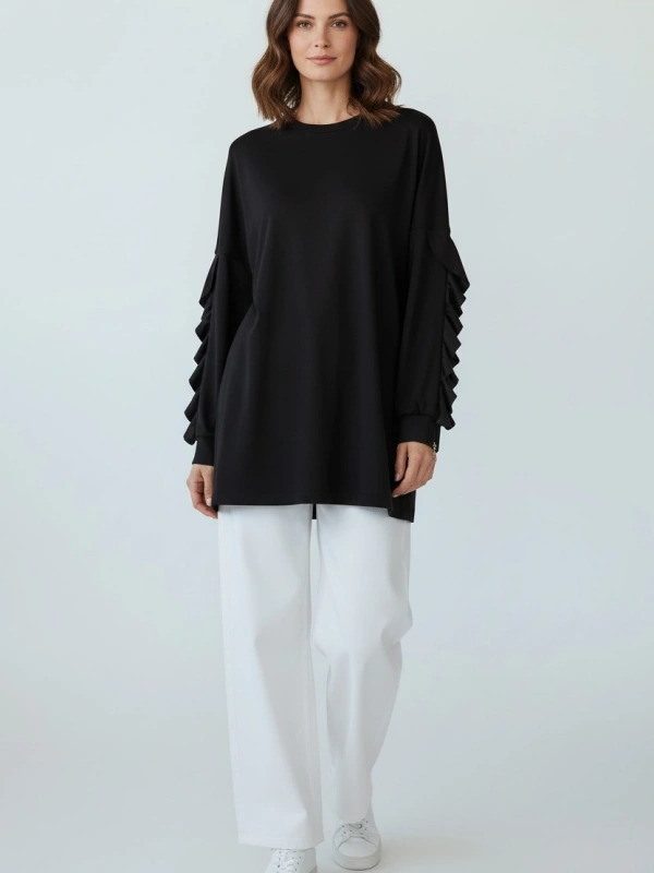 İNVEE Kolları Fırfır Detaylı Tunik - Siyah