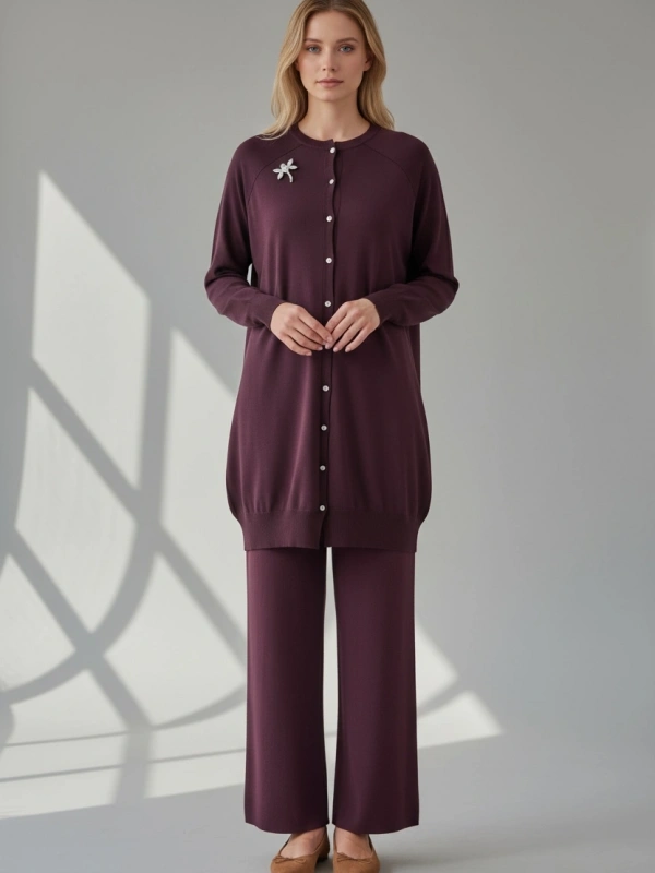 İNVEE Broş Detaylı Triko Hırka - Mürdüm