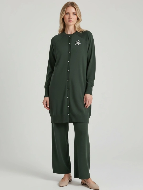 İNVEE Broş Detaylı Triko Hırka - Zümrüt