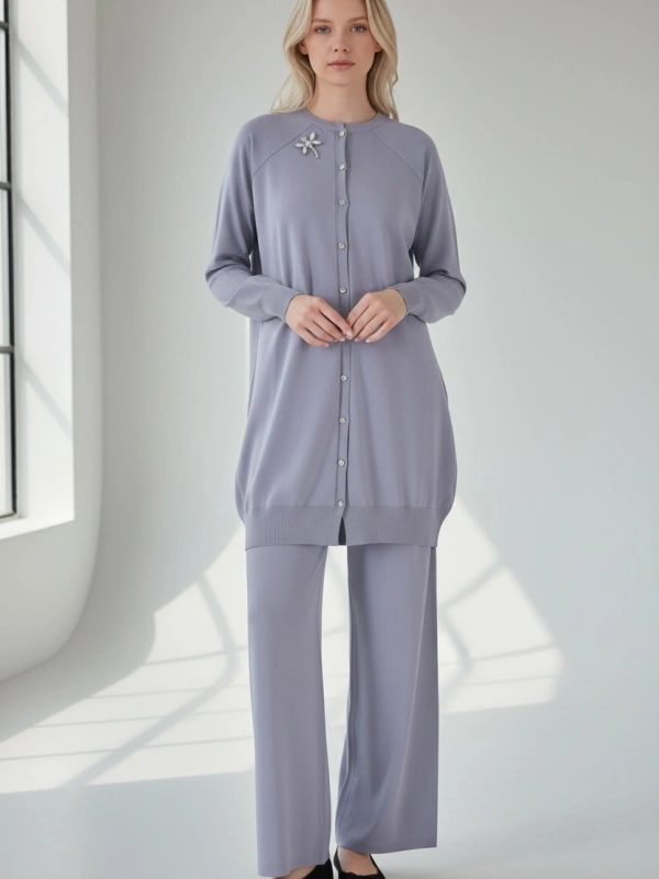 İNVEE Broş Detaylı Triko Hırka - Gri