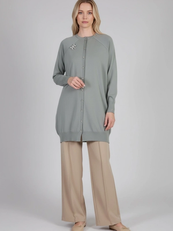 İNVEE Broş Detaylı Triko Hırka - Küfrengi