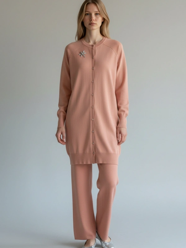 İNVEE Broş Detaylı Triko Hırka - Somon