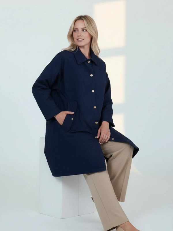 İNVEE Büyük Beden Yaprak Desenli Ceket - Lacivert