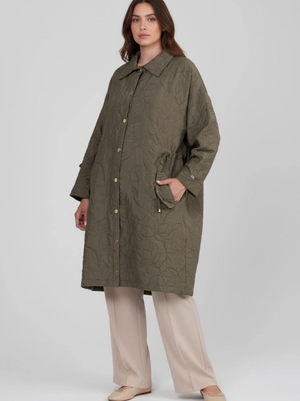 İNVEE Büyük Beden Yaprak Desenli Ceket - Haki