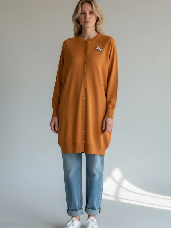 İNVEE Broş Detaylı Triko Hırka - Hardal