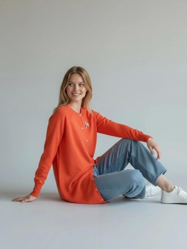 İNVEE Broş Detaylı Triko Hırka - Oranj