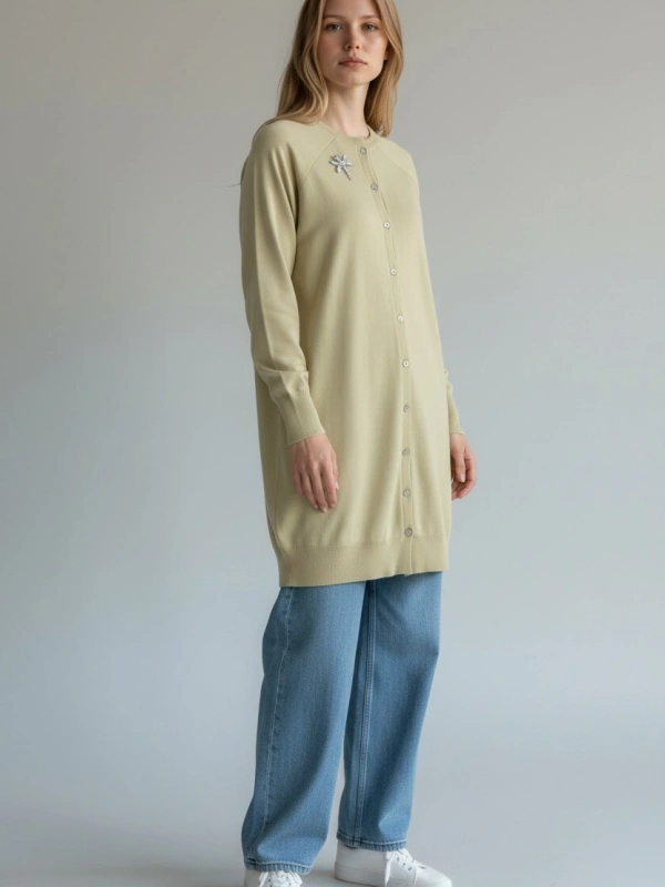 İNVEE Broş Detaylı Triko Hırka - Su Yeşili