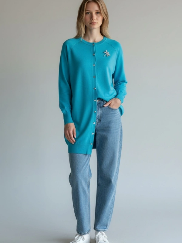 İNVEE Broş Detaylı Triko Hırka - Turkuaz