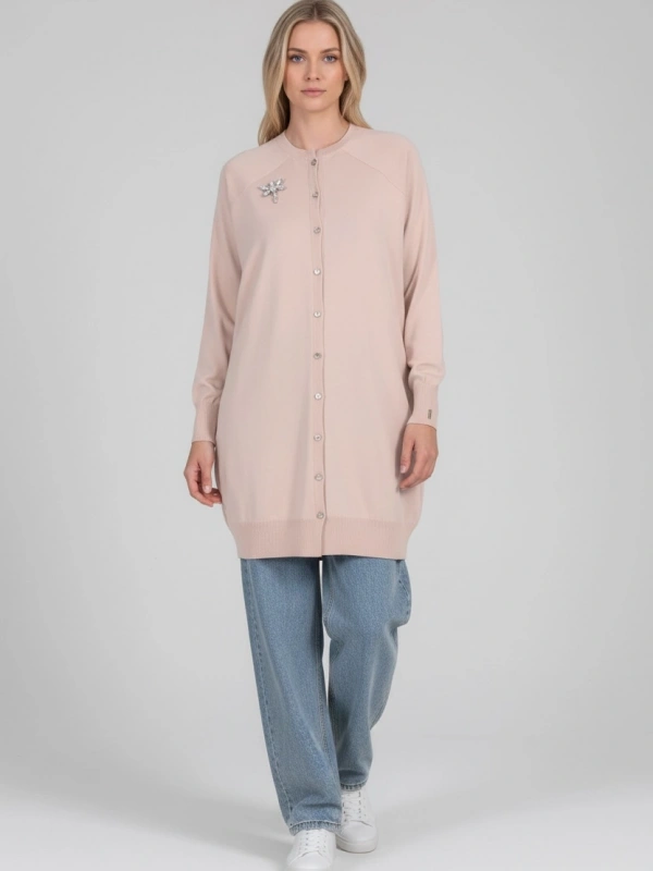 İNVEE Broş Detaylı Triko Hırka - Fondöten