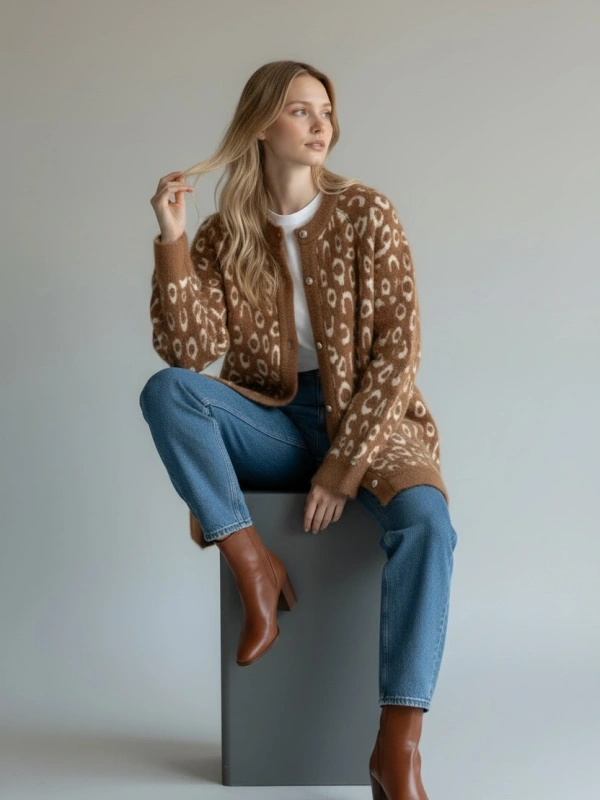 İNVEE Leopar Desenli Angora Hırka - Camel-Ekru