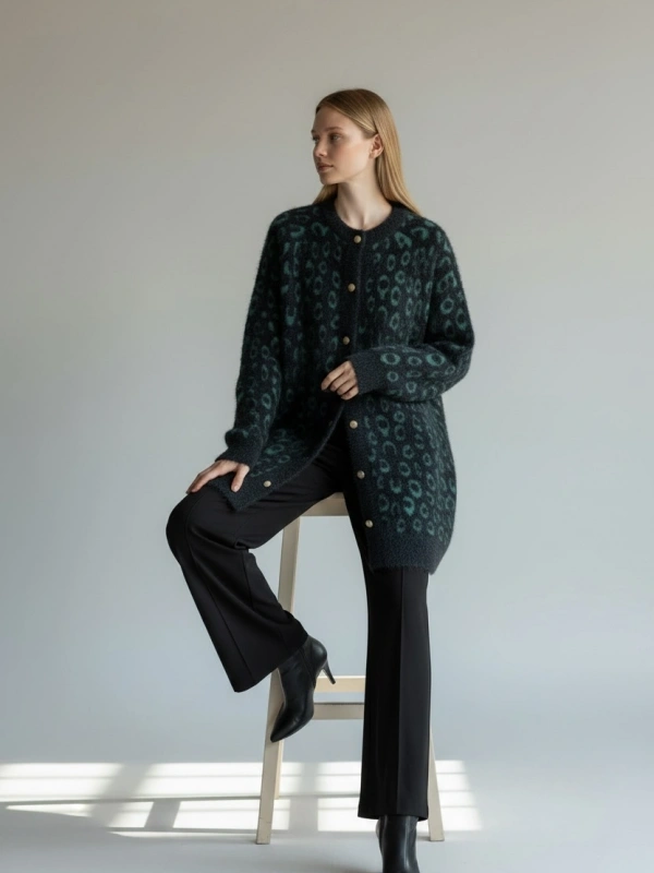 İNVEE Leopar Desenli Angora Hırka - Yeşil - Siyah