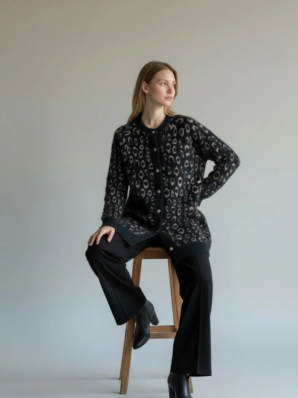 İNVEE Leopar Desenli Angora Hırka - Vizon - Siyah