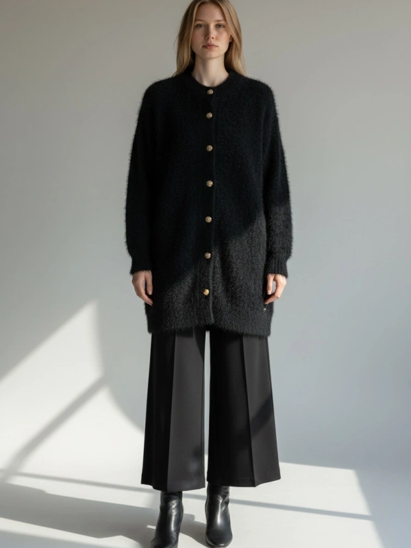 İNVEE Leopar Desenli Angora Hırka - Siyah - Siyah