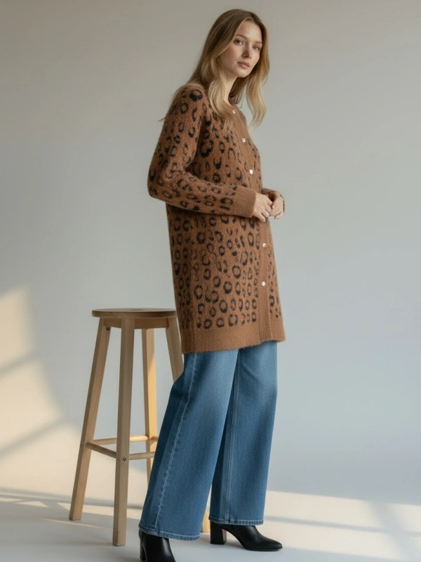 İNVEE Leopar Desenli Angora Hırka - Camel - Lacivert