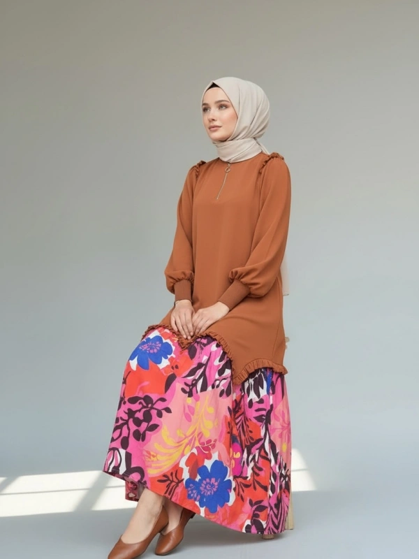 İNVEE Eteği Desenli Kahverengi Elbise