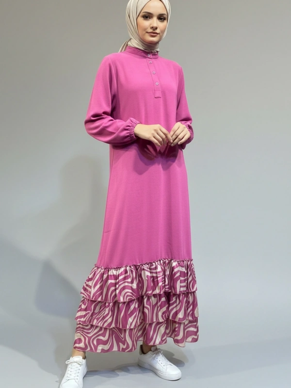 İNVEE Volan Detaylı Uzun Elbise - Pembe