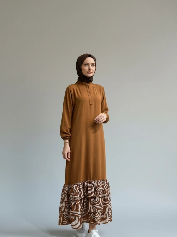 İNVEE Volan Detaylı Uzun Elbise - Kahverengi