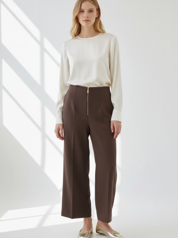 Sentez Yırtmaç Detaylı Geniş Paça Pantolon - Kahverengi