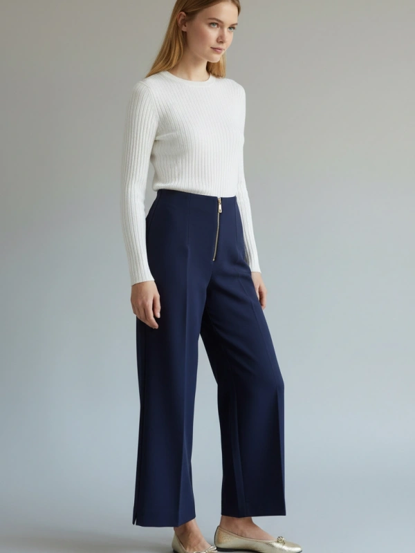 Sentez Yırtmaç Detaylı Geniş Paça Pantolon - Lacivert