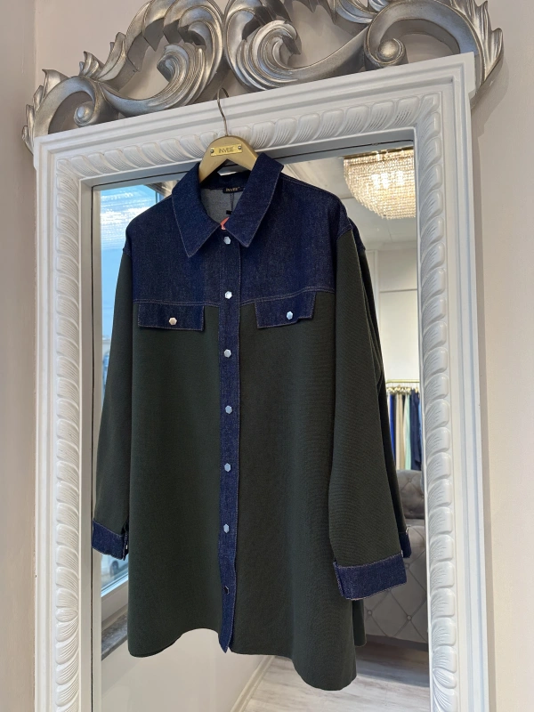 İNVEE Kadın Denim Detaylı Gömlek Ceket - Haki