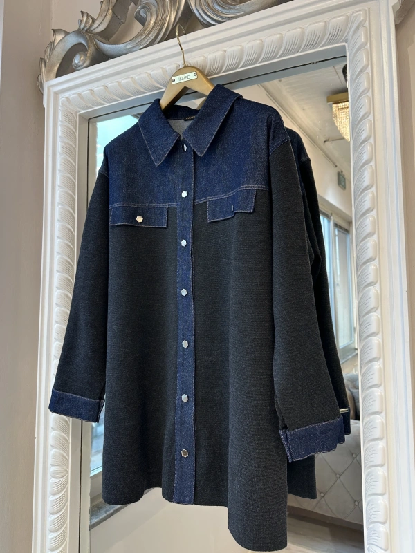 İNVEE Kadın Denim Detaylı Gömlek Ceket - Antrasit