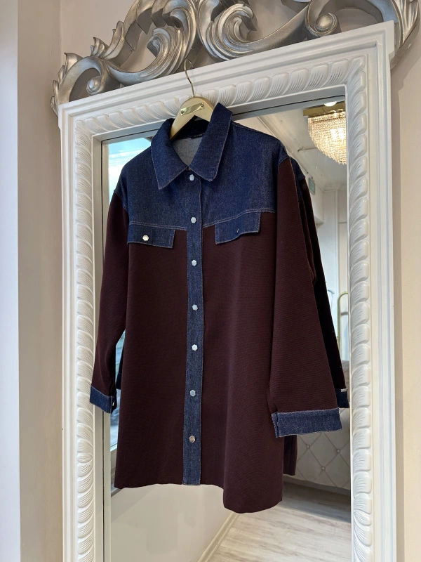 İNVEE Kadın Denim Detaylı Gömlek Ceket - Mürdüm