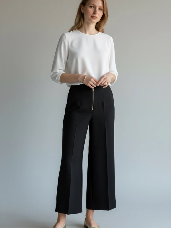 Sentez Yırtmaç Detaylı Geniş Paça Pantolon - Siyah