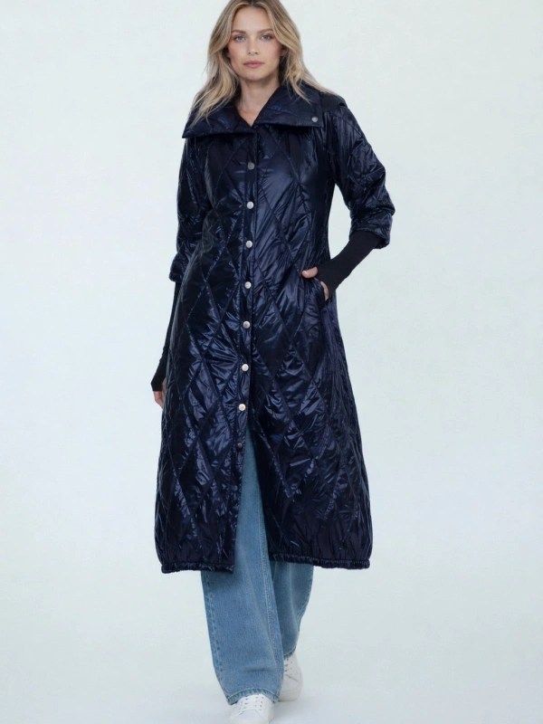 İNVEE Kadın Çıtçıt Kapamalı Uzun Kapitone Mont - Lacivert