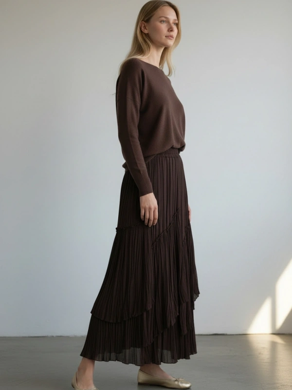 Sentez Kadın Kahverengi Şifon Maxi Etek