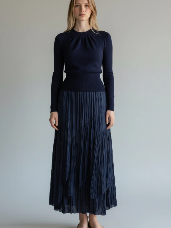 Sentez Kadın Lacivert Şifon Maxi Etek