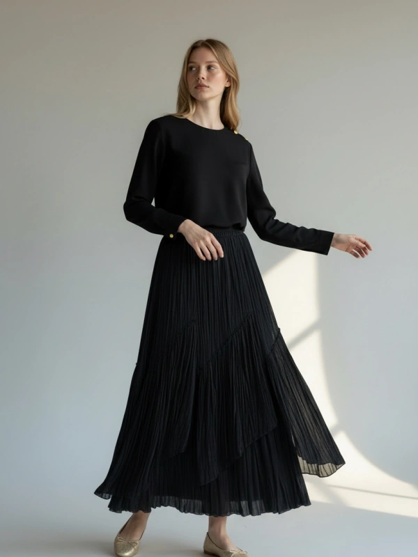 Sentez Kadın Siyah Şifon Maxi Etek