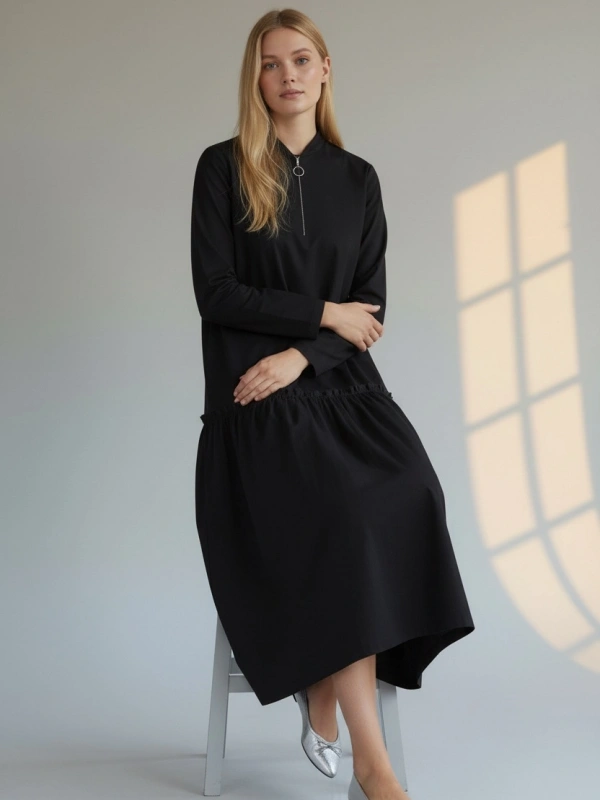 İNVEE Fermuar Detaylı Pamuk Elbise - Siyah