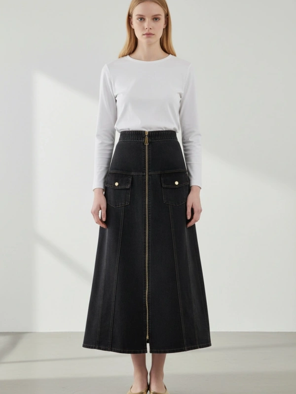 İNVEE Kadın Önden Fermuarlı A Kesim Denim Etek - Antrasit