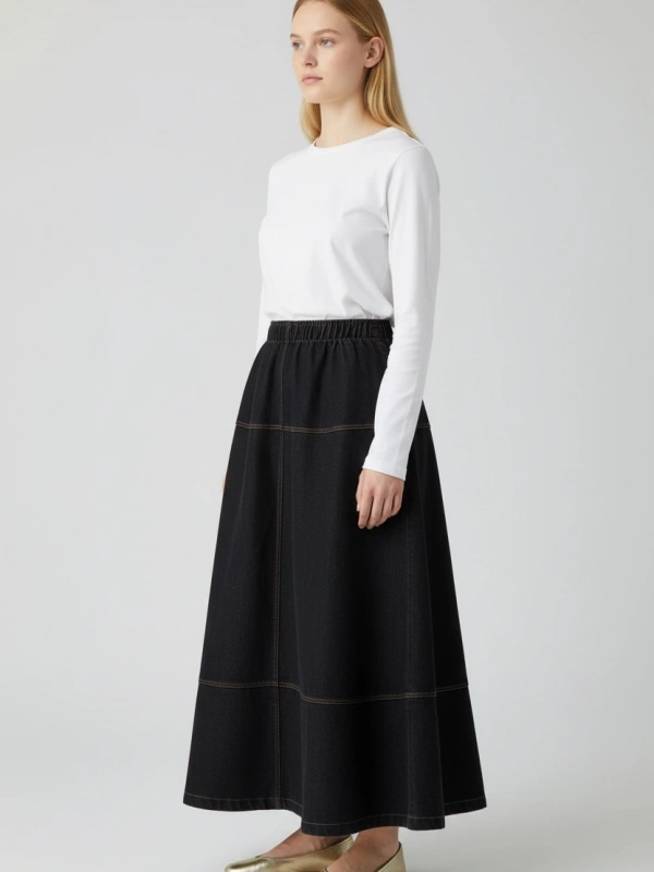 İNVEE Beli Lastikli Kadın Denim Etek - Siyah