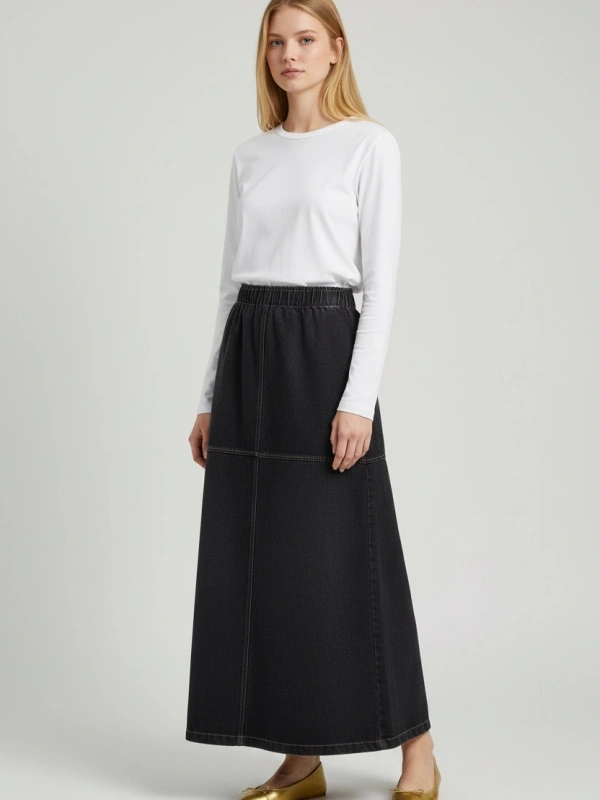 İNVEE A Kesim Kadın Denim Etek - Siyah