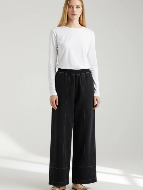 İNVEE Beli Geniş Paça Lastikli Denim Pantolon - Siyah