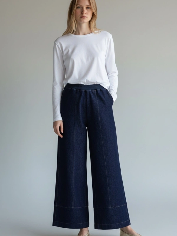 İNVEE Beli Geniş Paça Lastikli Denim Pantolon - Mavi