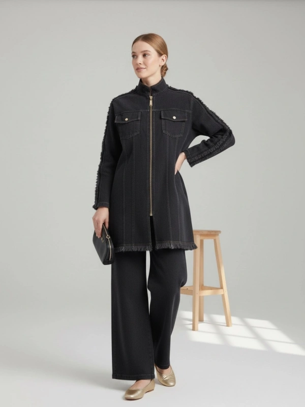 İNVEE Kadın Ceket ve Pantolon Denim Takım - Siyah