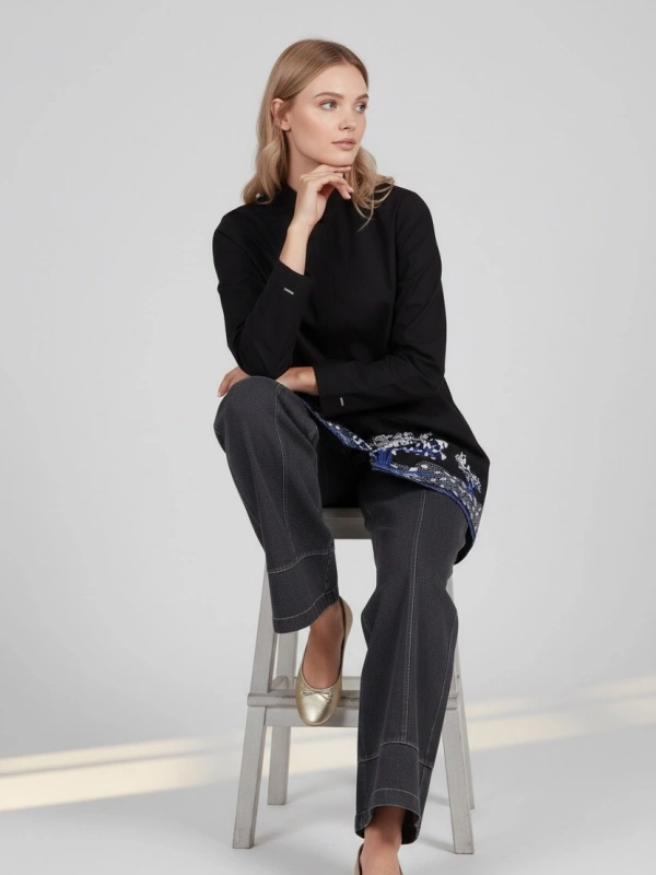 İNVEE Kadın Ağaç Nakışlı Uzun Gömlek - Siyah