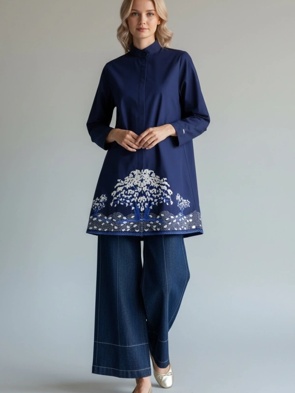İNVEE Kadın Ağaç Nakışlı Uzun Gömlek - Lacivert